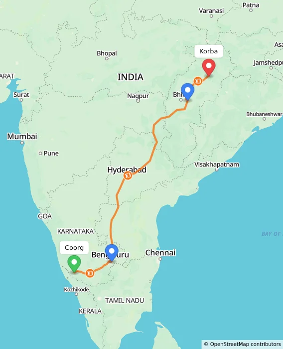 Route map showing distance and travel time from Madikeri, India to Korba, India
