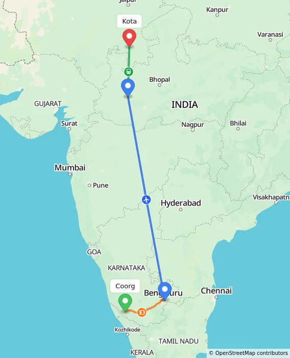 Route map showing distance and travel time from Madikeri, India to Kota, India