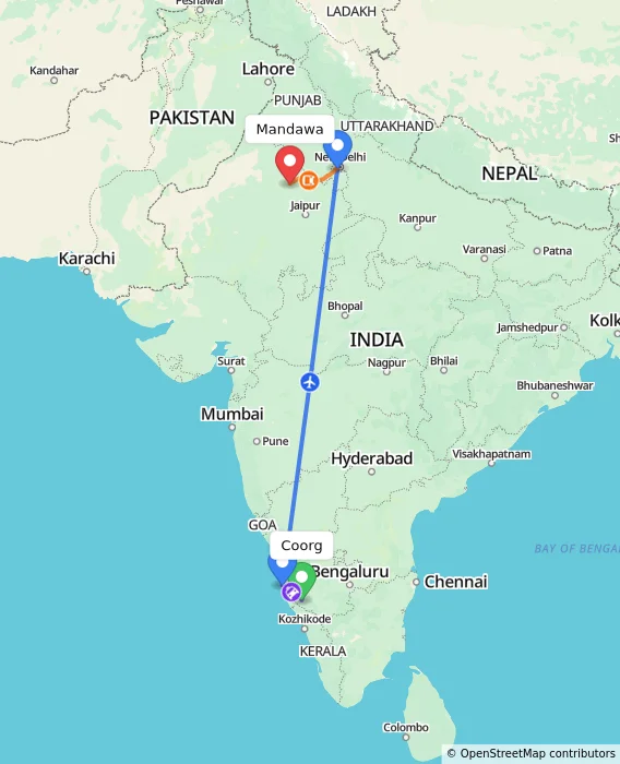 Route map showing distance and travel time from Madikeri, India to Mandawa, India