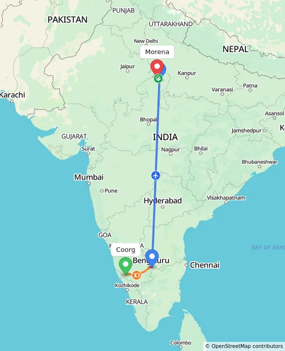 Route map showing distance and travel time from Madikeri, India to Morena, India