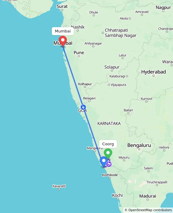 Route map showing distance and travel time from Madikeri, India to Mumbai, India
