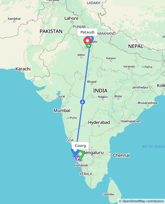 Route map showing distance and travel time from Madikeri, India to Pataudi, India