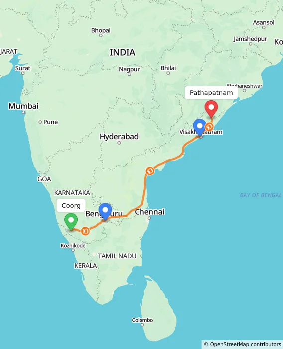 Route map showing distance and travel time from Madikeri, India to Pathapatnam, India