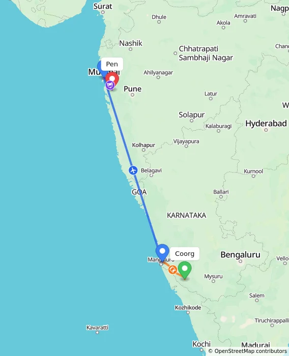 Route map showing distance and travel time from Madikeri, India to Pen, India