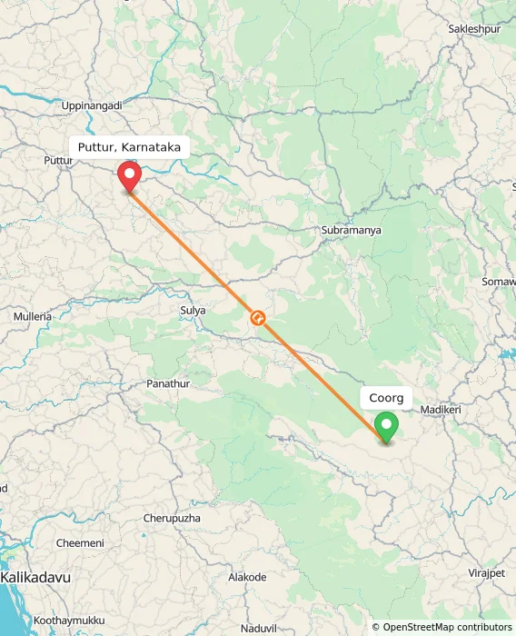 Route map showing distance and travel time from Madikeri, India to Puttur, Karnataka, India