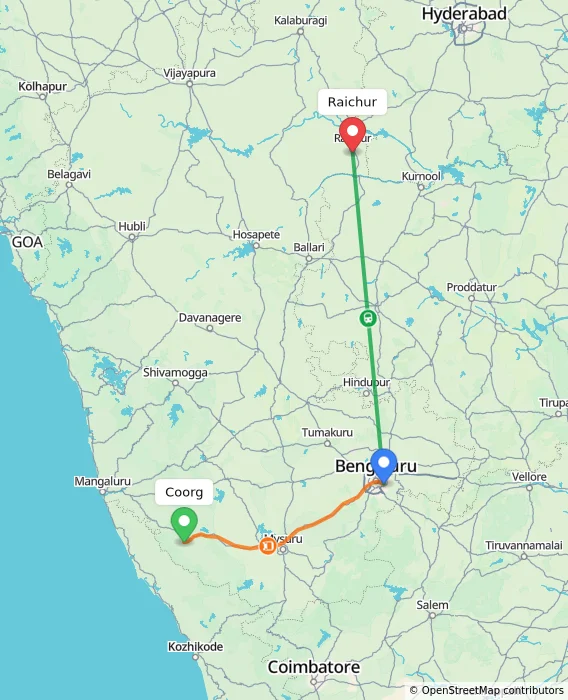 Route map showing distance and travel time from Madikeri, India to Raichur, India