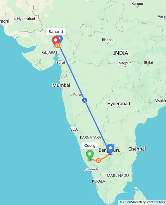 Route map showing distance and travel time from Madikeri, India to Sanand, India