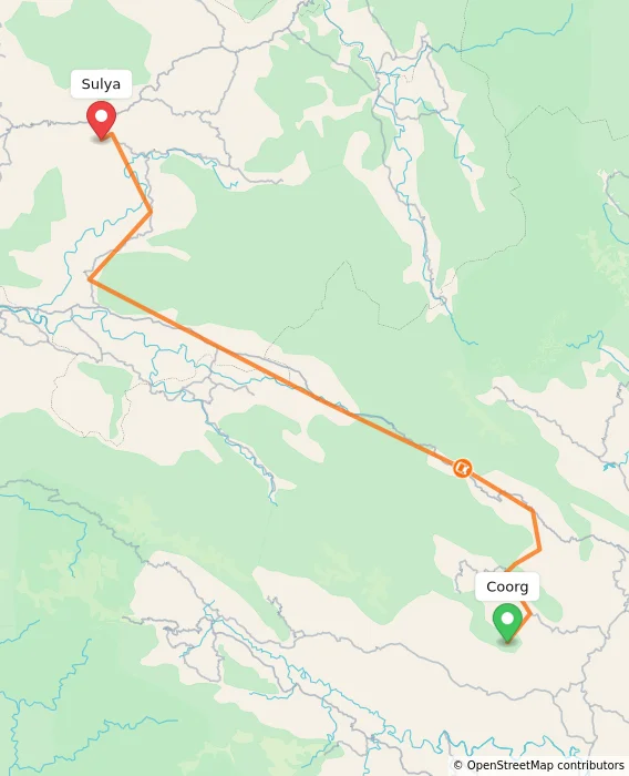 Route map showing distance and travel time from Madikeri, India to Sulya, India
