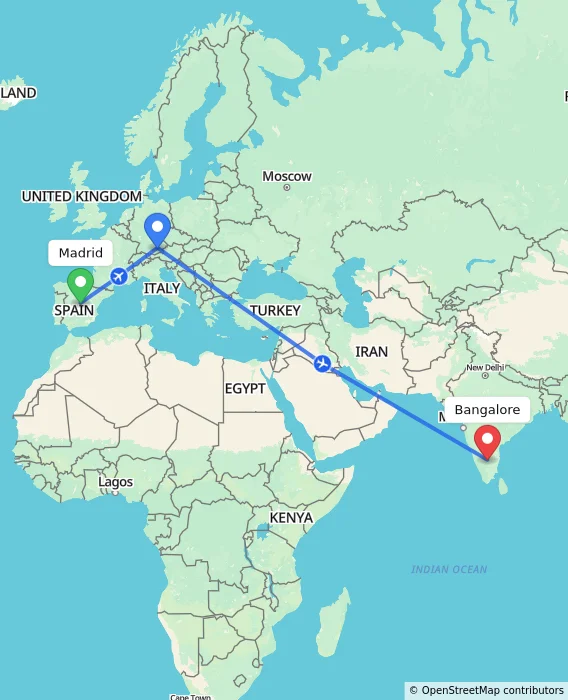 Route map showing distance and travel time from Madrid, Spain to Bangalore, India
