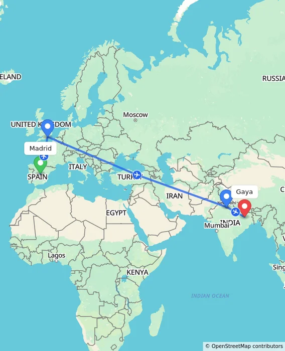 Route map showing distance and travel time from Madrid, Spain to Gaya, India
