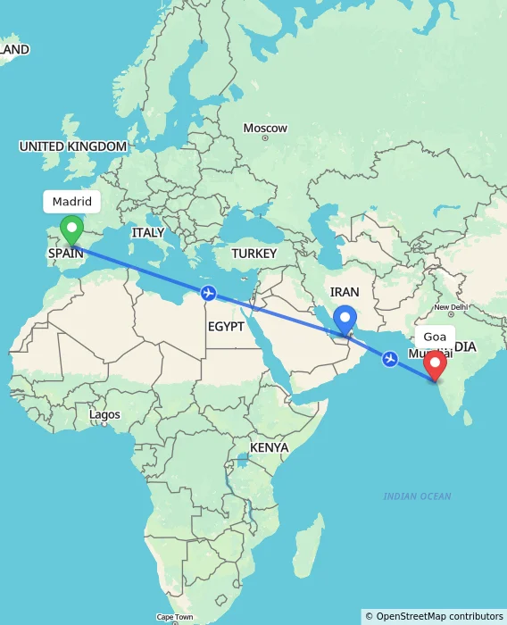 Route map showing distance and travel time from Madrid, Spain to Goa, India