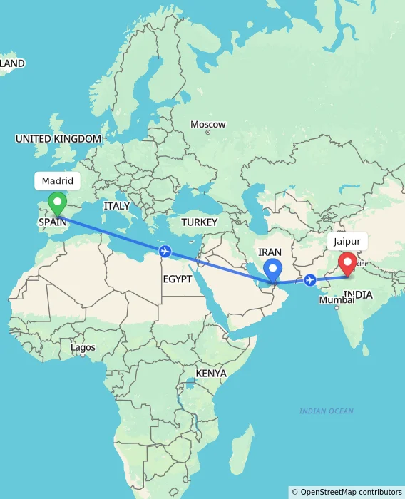 Route map showing distance and travel time from Madrid, Spain to Jaipur, India
