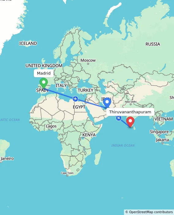 Route map showing distance and travel time from Madrid, Spain to Thiruvananthapuram, India