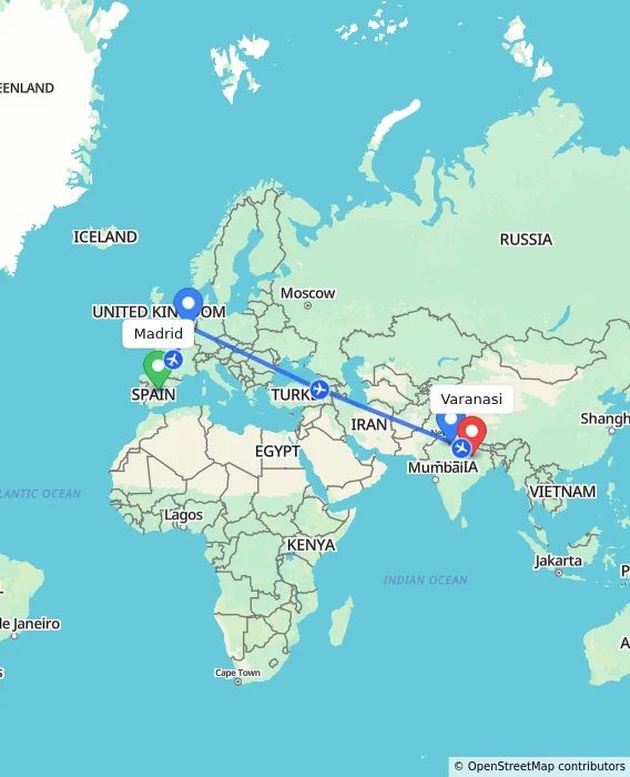 Route map showing distance and travel time from Madrid, Spain to Varanasi, India