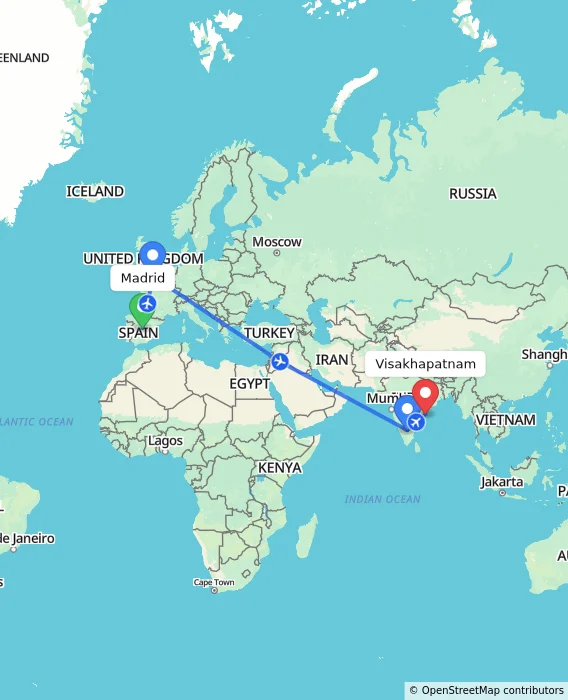 Route map showing distance and travel time from Madrid, Spain to Visakhapatnam, India