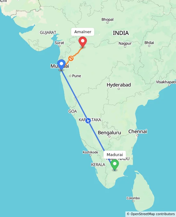 Route map showing distance and travel time from Madurai, India to Amalner, India