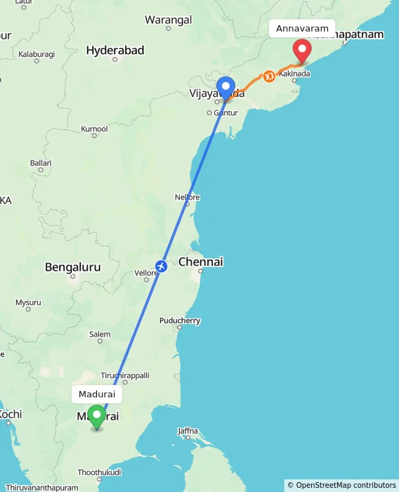 Route map showing distance and travel time from Madurai, India to Annavaram, India