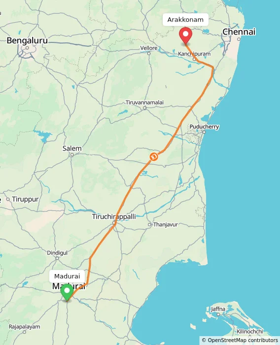 Route map showing distance and travel time from Madurai, India to Arakkonam, India