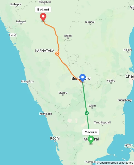 Route map showing distance and travel time from Madurai, India to Badami, India