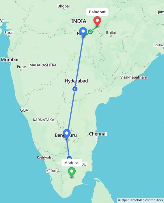 Route map showing distance and travel time from Madurai, India to Balaghat, India