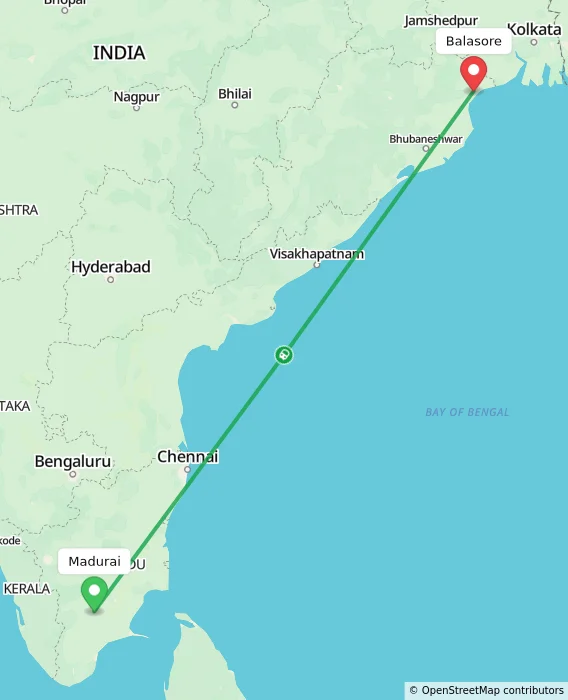 Route map showing distance and travel time from Madurai, India to Balasore, India