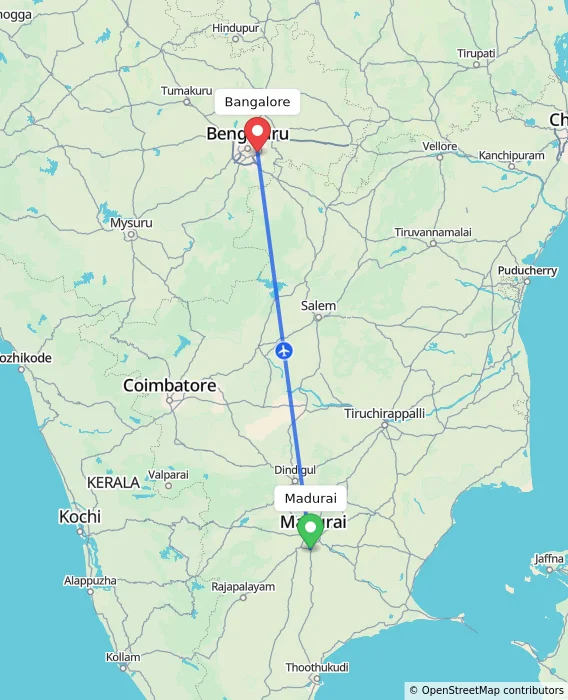 Route map showing distance and travel time from Madurai, India to Bangalore, India