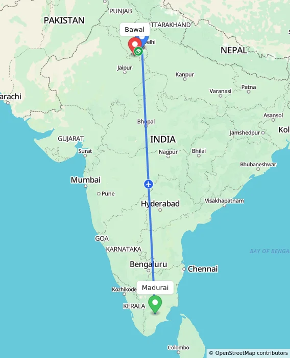 Route map showing distance and travel time from Madurai, India to Bawal, India