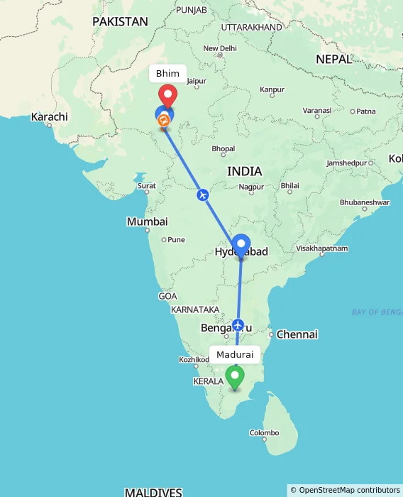 Route map showing distance and travel time from Madurai, India to Bhim, India