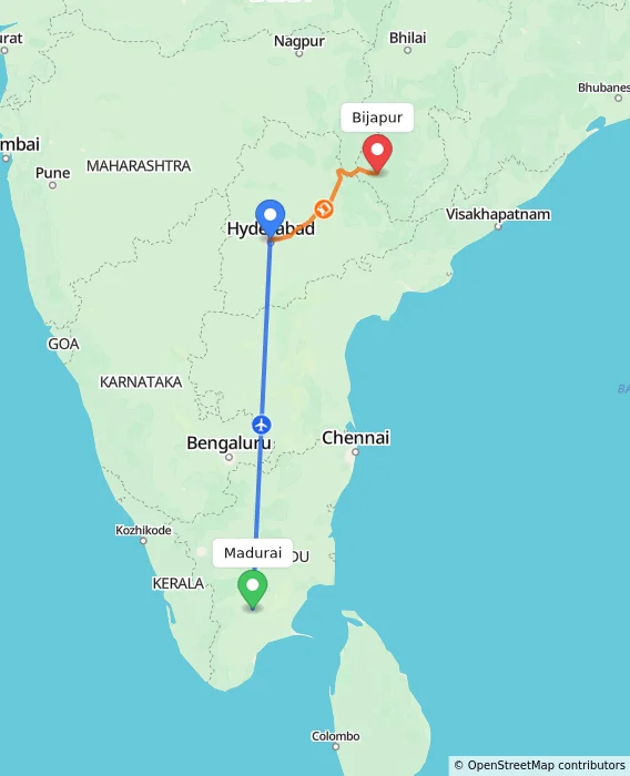 Route map showing distance and travel time from Madurai, India to Bijapur, India