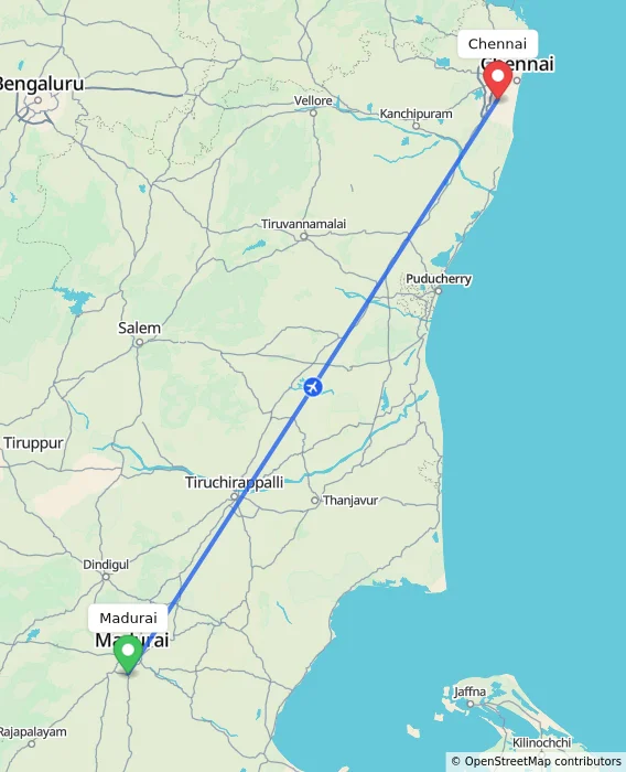 Route map showing distance and travel time from Madurai, India to Chennai, India