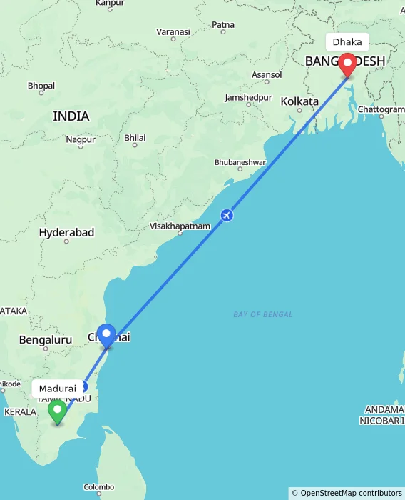 Route map showing distance and travel time from Madurai, India to Dhaka, Bangladesh