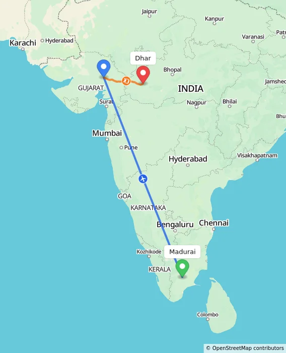 Route map showing distance and travel time from Madurai, India to Dhar, India