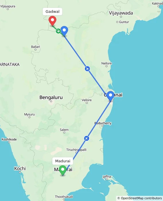 Route map showing distance and travel time from Madurai, India to Gadwal, India