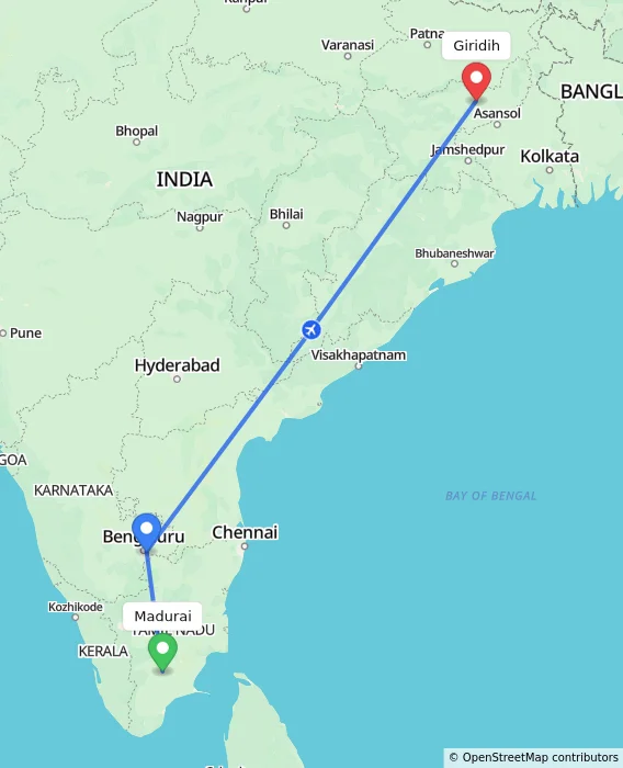 Route map showing distance and travel time from Madurai, India to Giridih, India