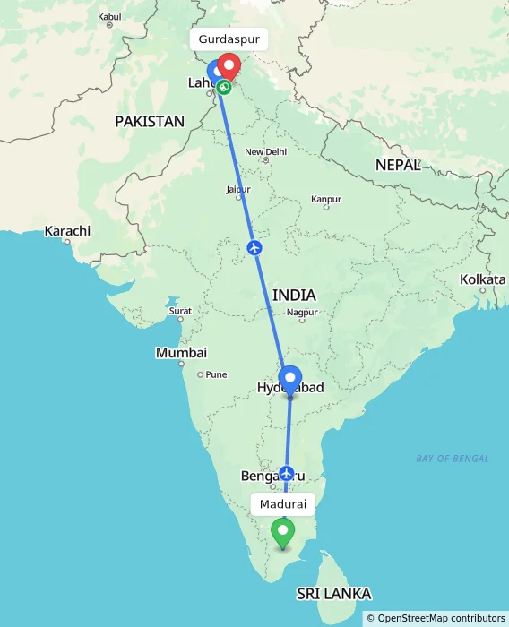 Route map showing distance and travel time from Madurai, India to Gurdaspur, India