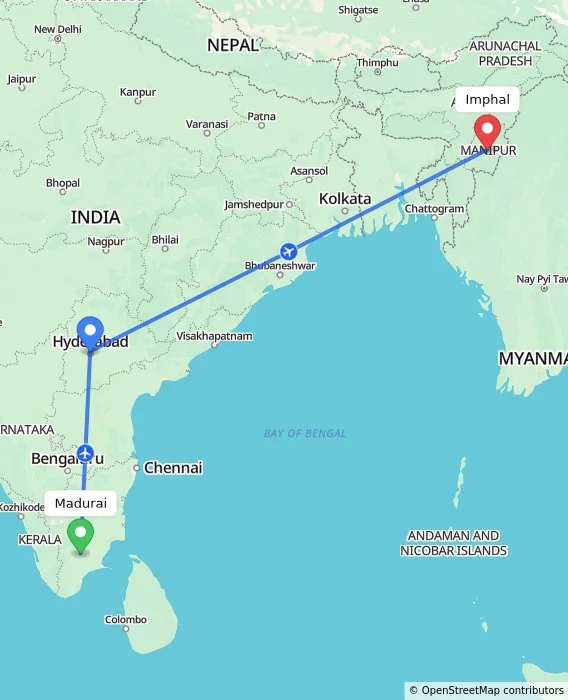 Route map showing distance and travel time from Madurai, India to Imphal, India