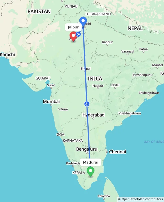 Route map showing distance and travel time from Madurai, India to Jaipur, India