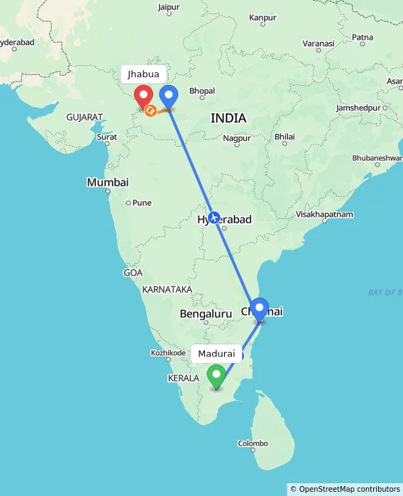 Route map showing distance and travel time from Madurai, India to Jhabua, India