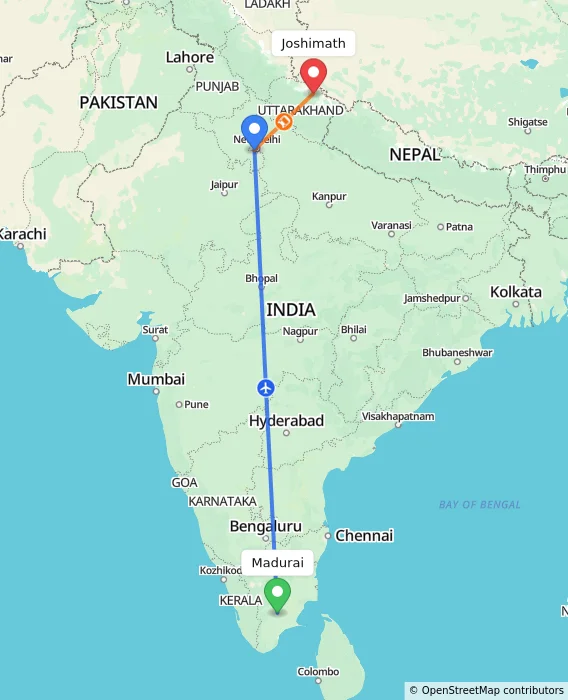 Route map showing distance and travel time from Madurai, India to Joshimath, India