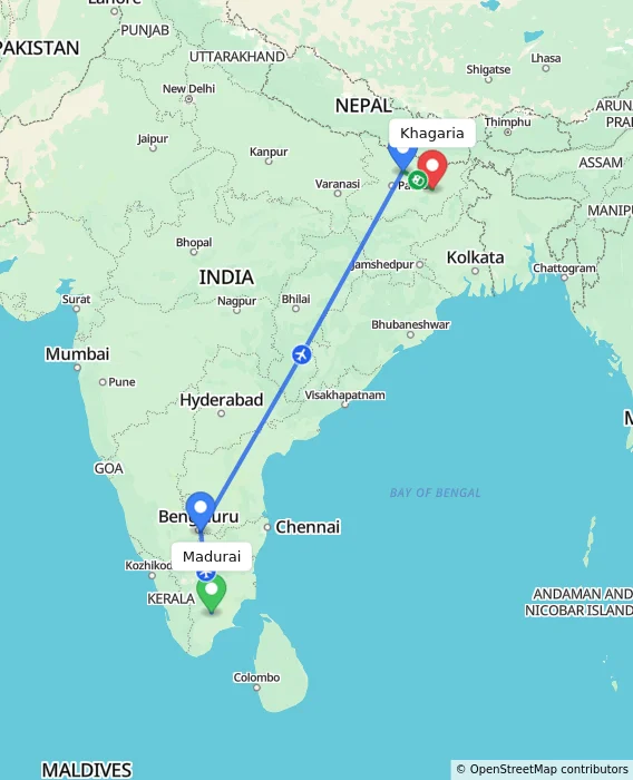 Route map showing distance and travel time from Madurai, India to Khagaria, India