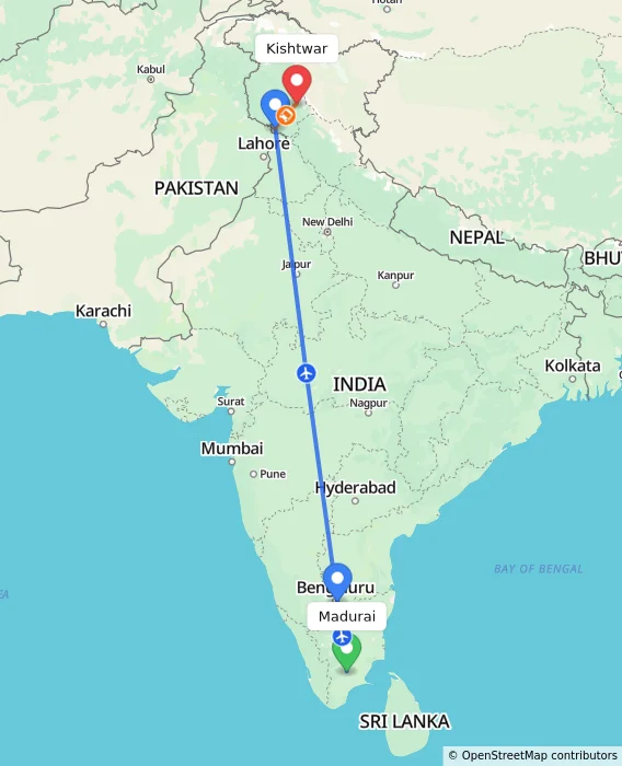 Route map showing distance and travel time from Madurai, India to Kishtwar, India