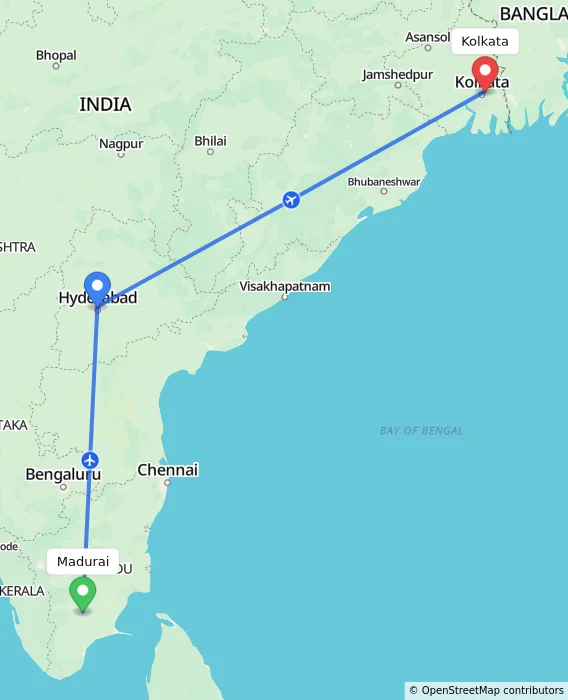 Route map showing distance and travel time from Madurai, India to Kolkata, India