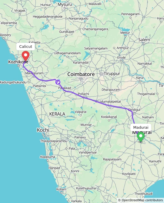 Route map showing distance and travel time from Madurai, India to Kozhikode, India
