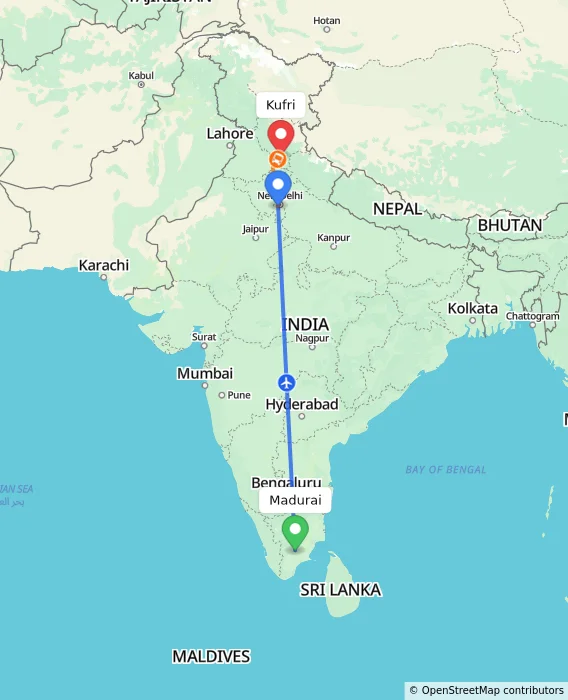 Route map showing distance and travel time from Madurai, India to Kufri, India