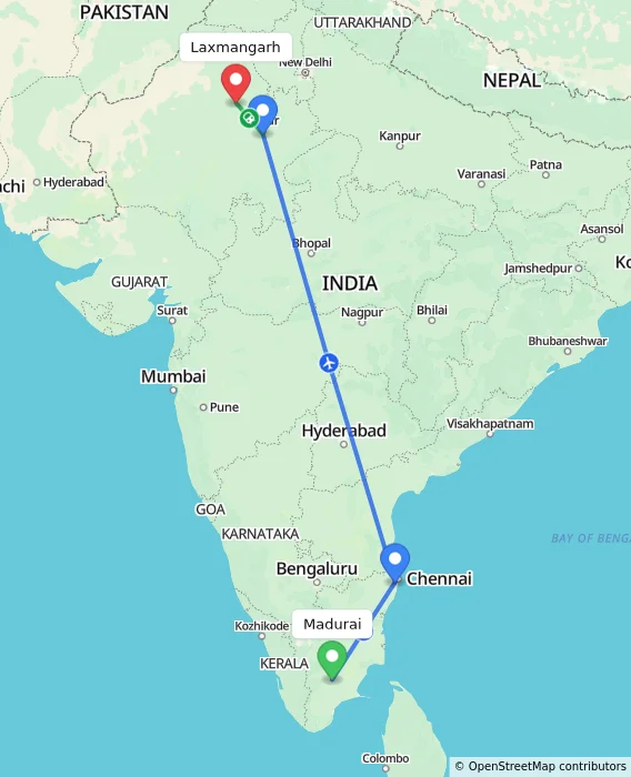Route map showing distance and travel time from Madurai, India to Laxmangarh, India