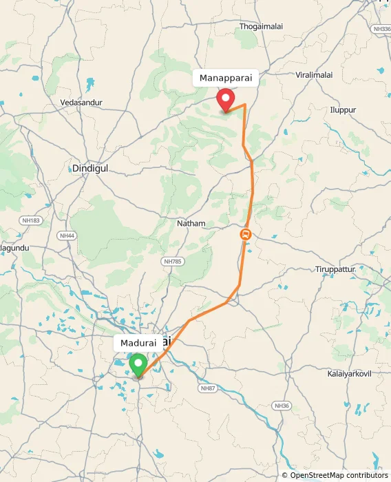 Route map showing distance and travel time from Madurai, India to Manapparai, India