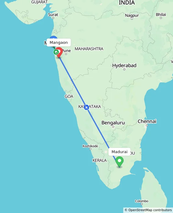 Route map showing distance and travel time from Madurai, India to Mangaon, India