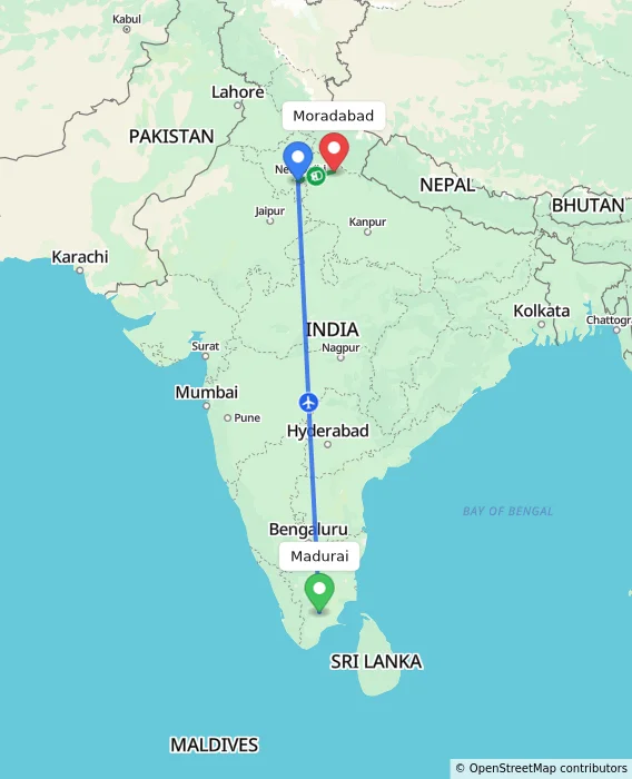 Route map showing distance and travel time from Madurai, India to Moradabad, India