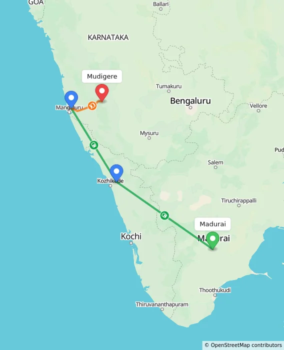 Route map showing distance and travel time from Madurai, India to Mudigere, India