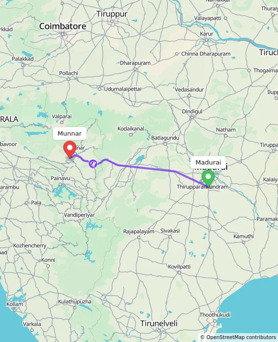 Route map showing distance and travel time from Madurai, India to Munnar, India